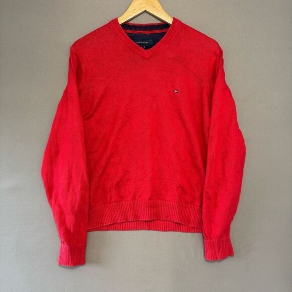 Tommy Hilfiger Red V-Neck Sweater Size Medium 100% Cotton Preppy - Picture 1 of 11